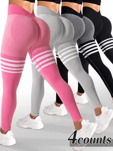Women's Striped Print Ruched High Waist Sports Leggings, Sporty Comfy Breathable V-shaped Waist Skinny Pants for Yoga Gym Workout Running, Ladies Sportswear for All Seasons, Gym Fitness Leggings