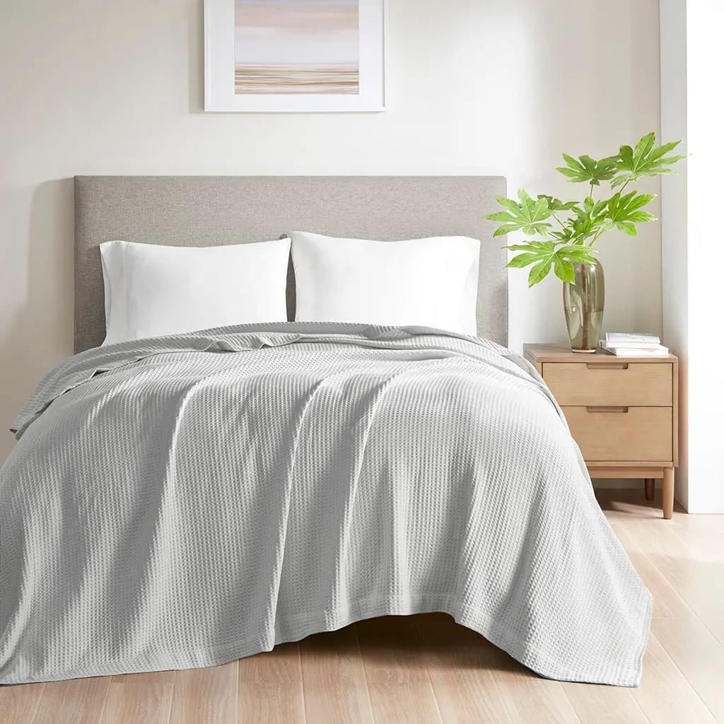 Beautyrest BR51N-3835 Cotton Waffle Weave Blanket - Full&Queen Size (90x90x0.25in) Grey, Breathable, Chemical Free, Machine Washable, Feel Cosy All Seasons Bedding Blanket