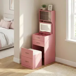 Pink/Black 3-in-1 Compact Vanity Desk with 3-Color LED Light Mirror Hidden Chair Nightstand Drawers 2 AC & USB Charging Acrylic Doors Jewelry Box Makeup Dressing Table for Small Spaces