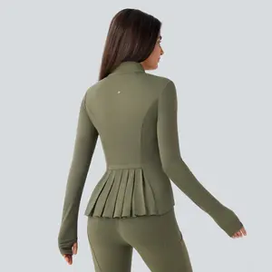 Halara SoftlyZero Stand Collar Thumb Hole Pockets Pleated Zipper Slim Jacket-UPF50+