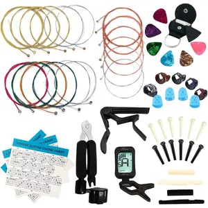 Guitar Accessories Kit Include Acoustic Strings, Tuner, Capo, 3-in-1 Restring Tool, Picks, Pick Holder, Bridge Pins, Nuts & Saddles, Finger Protector, Chord Chart (58PCS)
