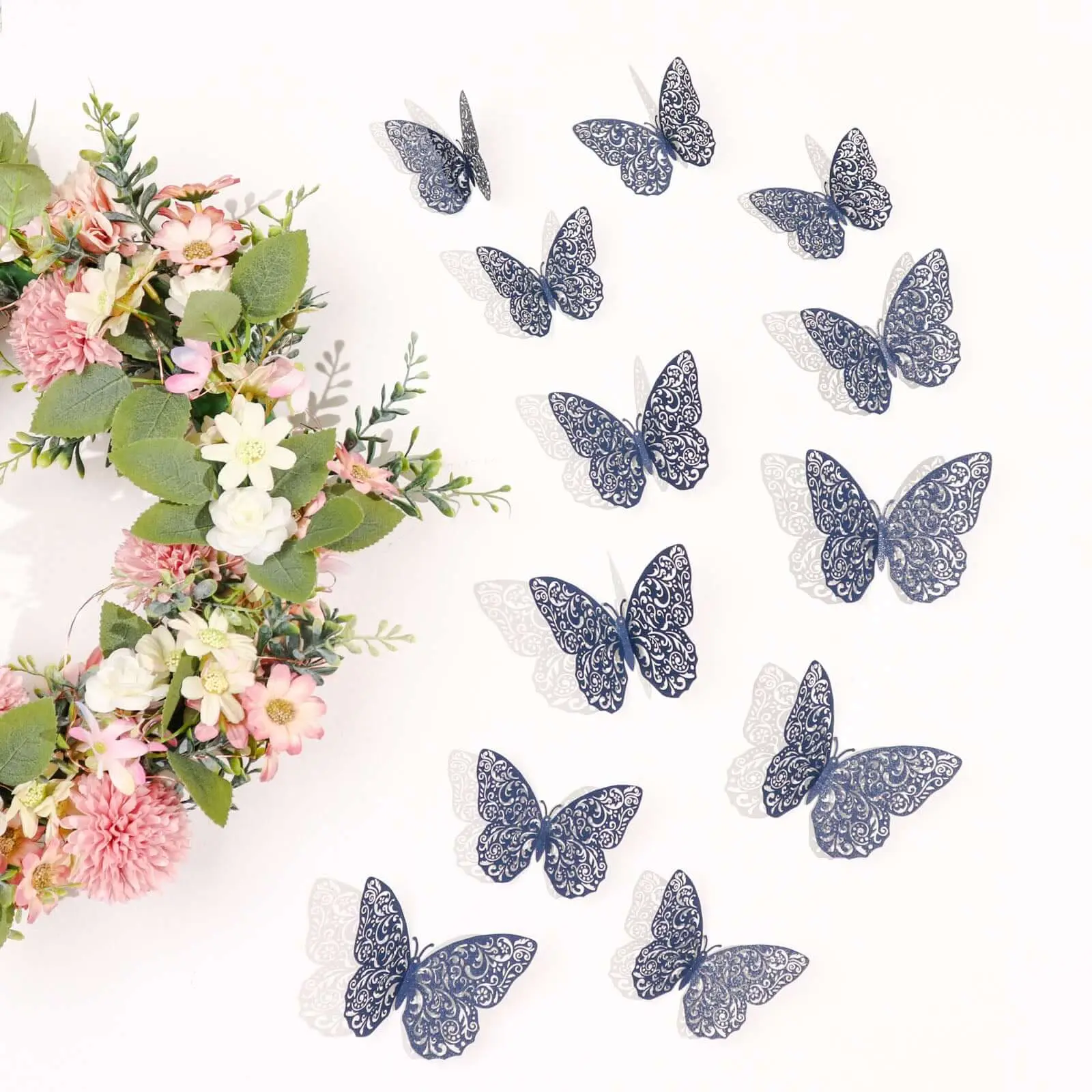 12-Pack Plastic 3D Navy Blue Butterfly Wall Decals - Renter-Friendly Tiles Sticker for Children, Decorating My Apartment, Versatile Design DIY Removable Home Decor Decals Wall Stickers