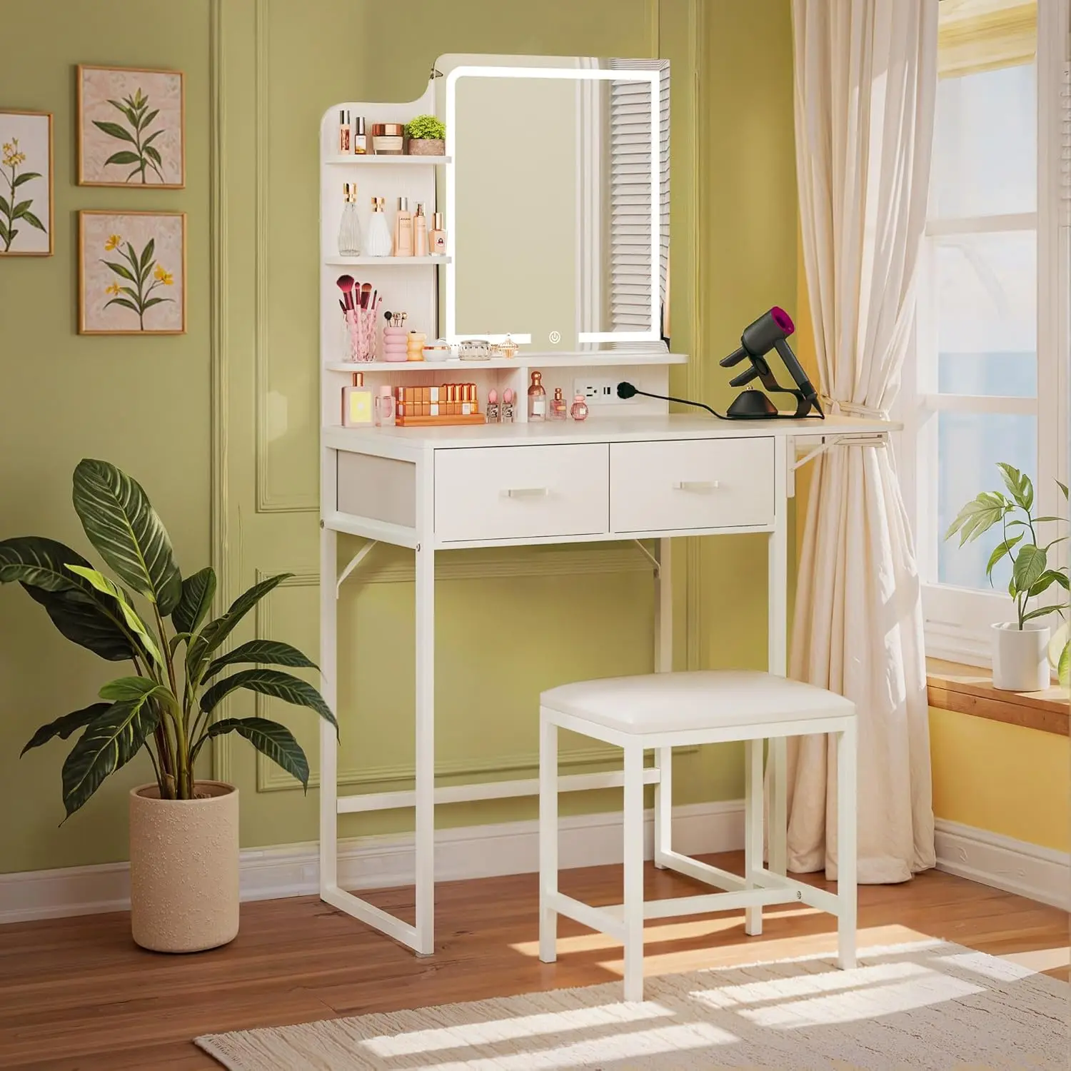 【Summergarden】Small Vanity Desk with Mirror and Lights, Makeup Vanity with Fabric Storage Drawer, Chair and Three Shelves, White Vanity with Power Outlet and Fold-up Panel, Bedroom