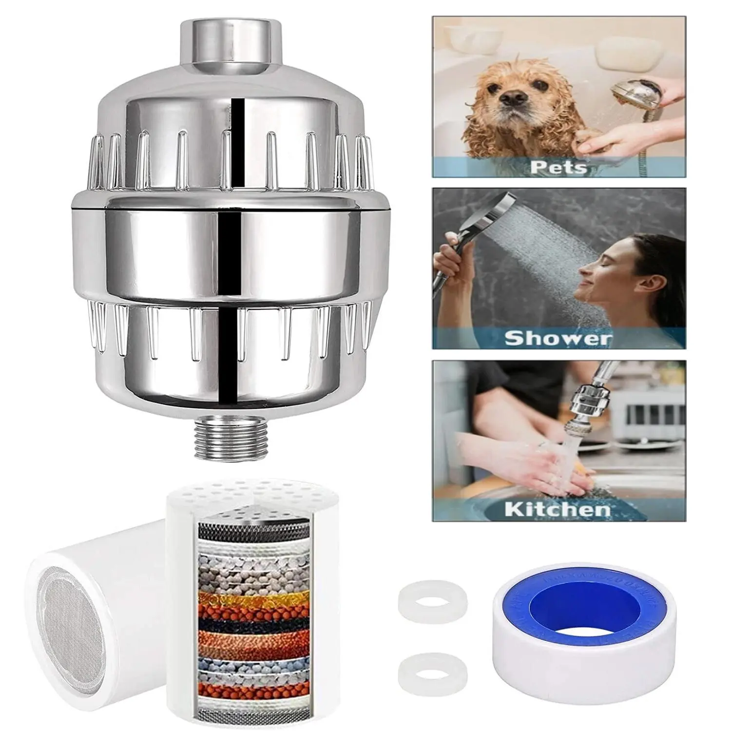 Upgraded 20-Stage Shower Water Filter with KDF 55 & Activated Carbon, Removes Chlorine Rust Sediment, Universal 1/2" Thread for All Shower Types
