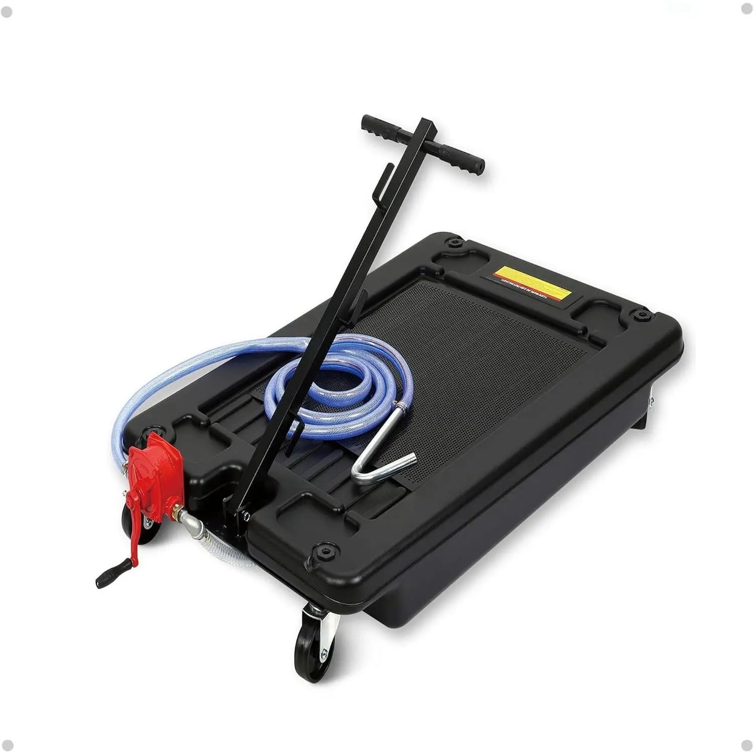 Low Profile Oil Drain Pan, 15 Gallon Metal Oil Drain Tank with Pump & Hose & T Folding Handle & Swivel Wheels for RVs, Cars, Trucks, SUVs, Buses