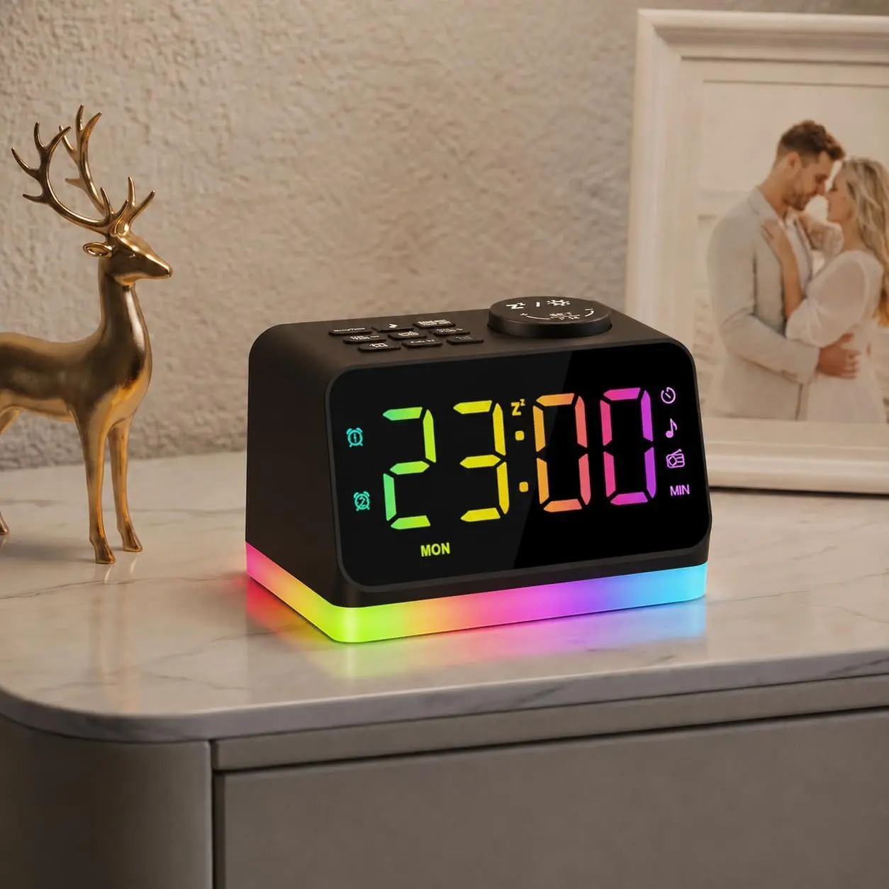 4 In-1 Digital Alarm Clock with FM Radio, 8-Color Night Light, Charging Port, Sleep Sound Machine with Timer & Dual Alarm – Home Decor Bedroom Clock (Black with RGB Font)