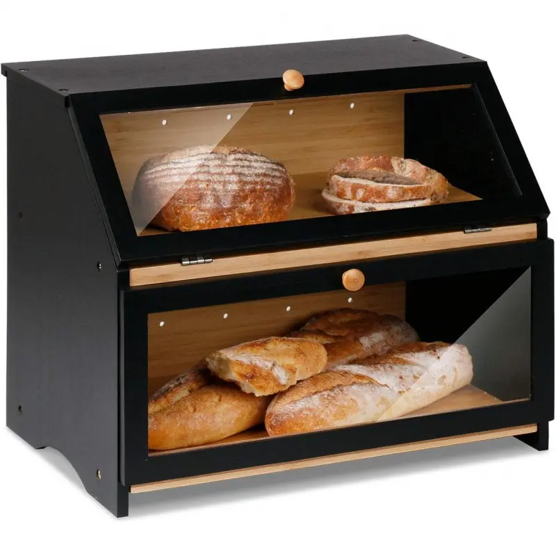 PLL Farmhouse Rustic 2-Layer Wooden Bread Box with Cover - Rectangular High-Capacity Food Storage Container, Countertop Home Organizer with 14.6"x9.4" Board, 0.5" Off-Wall Grip-Safe Bottom (Black, Fits 2 Large Loaves)