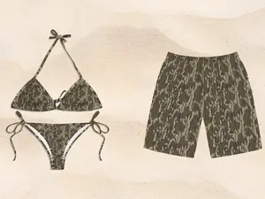 Bottomland Camo Matching Swimwear Set - Couple Beachwear - Camouflage Bikini for Women and Men's Swim Trunks - Matching Couple Swimsuit - Hunter Style Beach Outfits