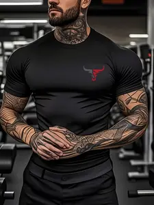 1-Pack Men's Muscle Fit Workout T-Shirt, High Stretch Slim Fit Athletic Tee with Strong Bull Print, Shaping Performance Sports Shirt for Gym, Training, Fitness, Exercise & Casual Active Wear, Durable Elastic Fabric for All Sports, Gym Athletic Clothes