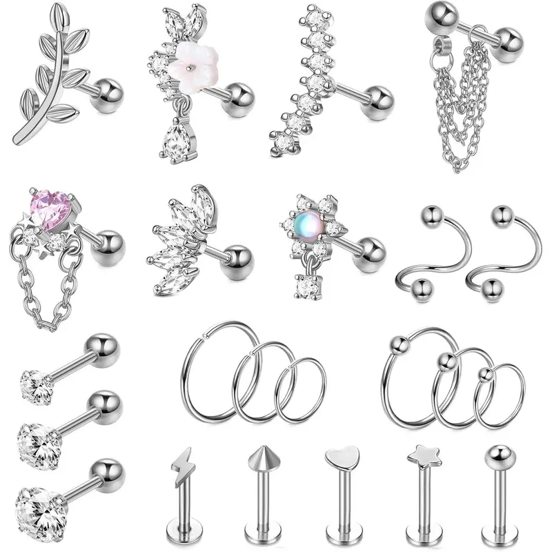 FIBO STEEL 23 Pcs Stainless Steel Cartilage Earring Conch Piercing Jewelry Opal CZ Labret Jewelry Cartilage Stud Helix Earrings Tragus Earrings for Women 16G 20G