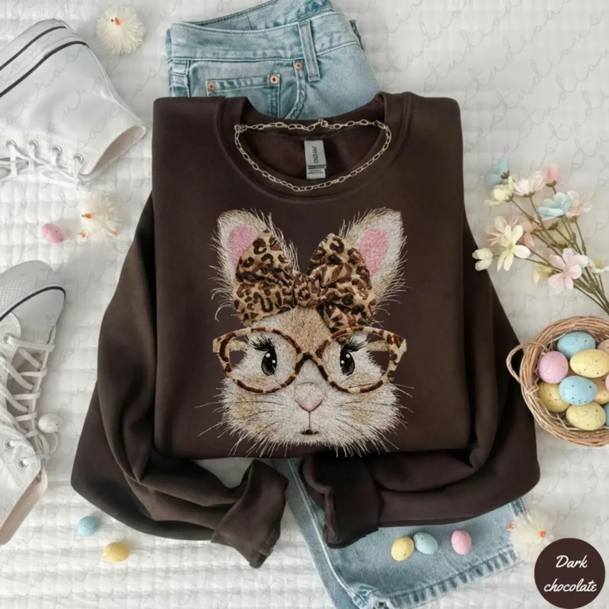 Retro Happy Easter Bunny Sweatshirt, Easter Day Coquette Leopard Bunny Crewneck, Trendy Spring Women Easter Gift for Her