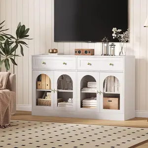 55 Inch Wide Sideboard Buffet Cabinet with 4 Acrylic Doors 2 Drawers Farmhouse Kitchen Storage Cabinet Wooden Console Table for Living Room Dining Room Entryway White