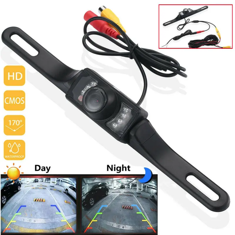 License Plate Rearview Camera Unit, 7 LED 170° Wide Angle, 12V DC Waterproof Heavy Duty, Chrome Frame, Night Vision, Fits Standard Plate Holders Car Backup Parking Camera