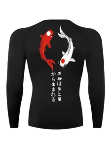 Men's Fish Print Long Sleeve Tight-Fit Compression Shirt, Spring & Fall Quick-Dry Sweat Wicking Breathable Activewear Running Sports Top, Sporty Gym Wear