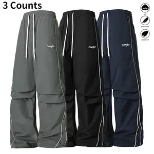 3-Pack Men’s Parachute Pants, Lightweight Baggy Streetwear Pants with Side Stripes, Elastic Waist Drawstring Casual Pants for Hip Hop, Street Style & Daily Wear