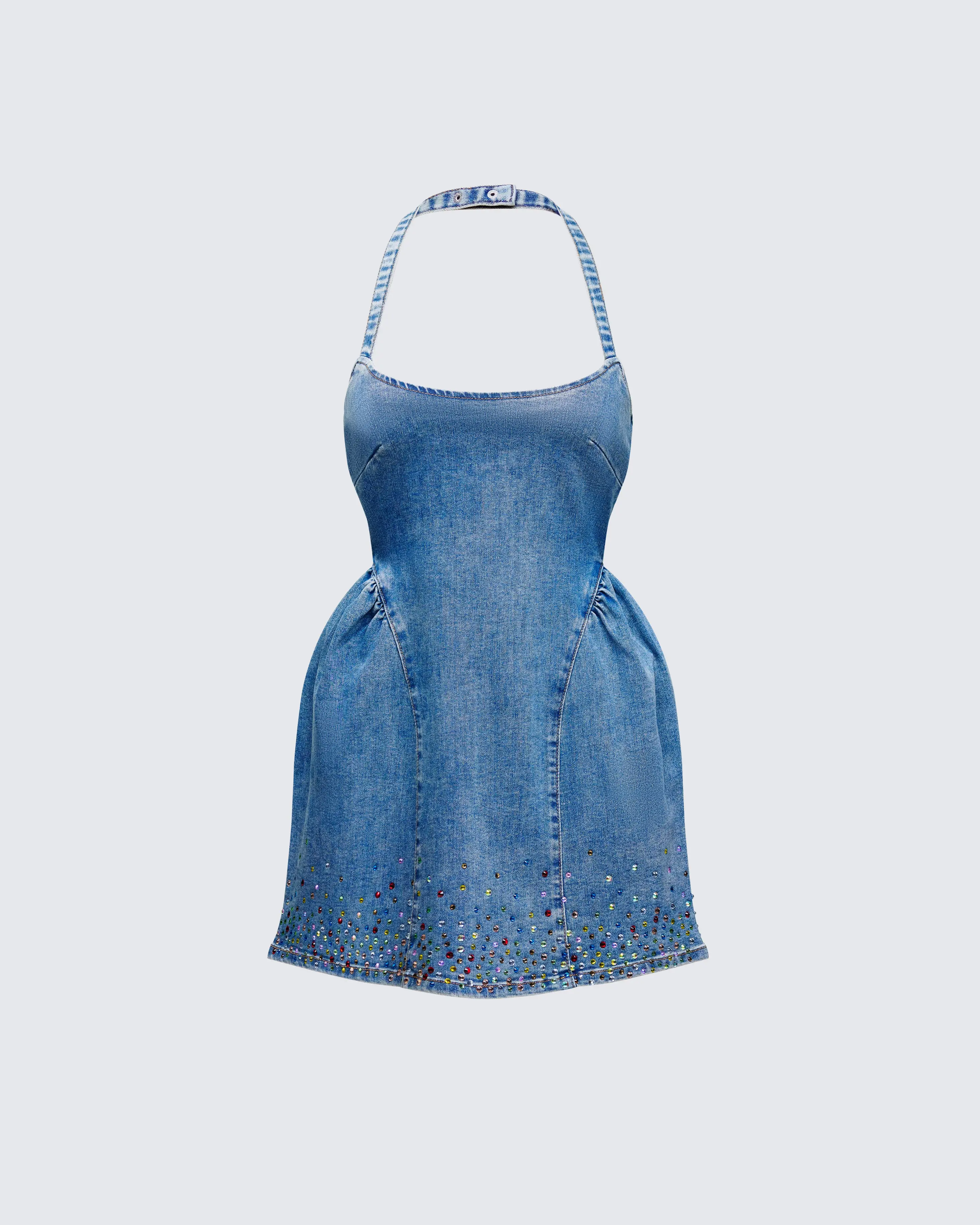 Women's All Seasons Casual Cotton-Polyester Blend Mini Dress - Sleeveless Halter Neck, Rhinestone Trim, Fitted Bodice, Flared Skirt, Princess Style, Tie Back Closure, XS