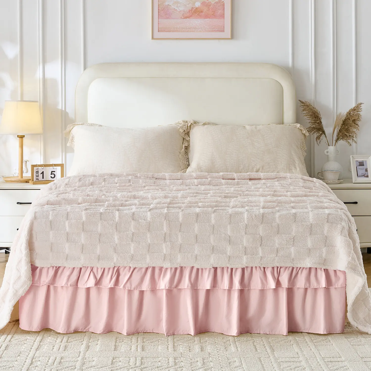 MarryLane ML Double-Ruffle 16 Inch Drop Bed Skirt No Mattress Lifting Adjustable Elastic Belt Twin Full Queen King Cal-King Sizes Clutter Solution Storage Hack for Bedroom RVs