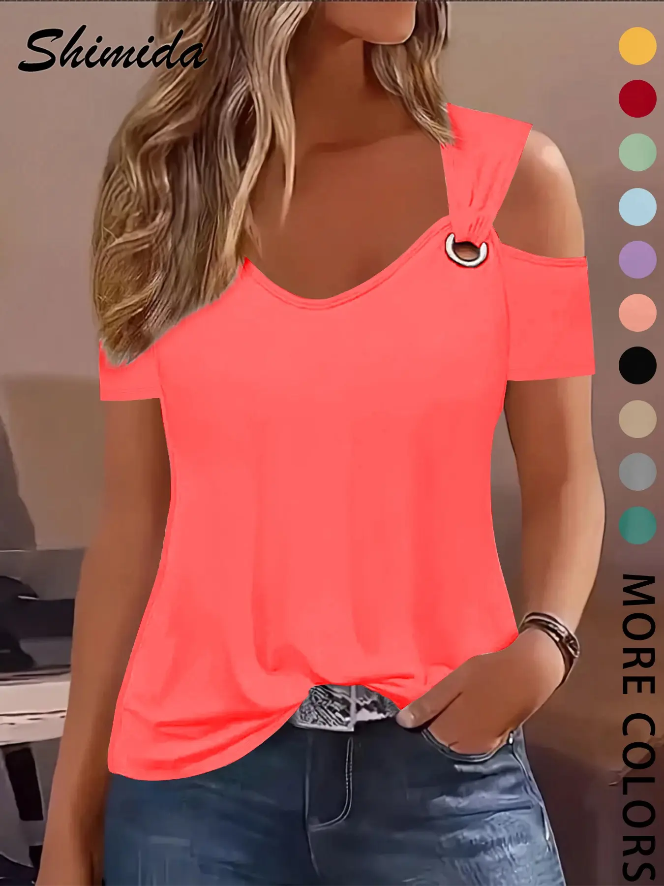 Women's Summer V-Neck Short Sleeve Casual Fashion Slim-Fitting Top, Large Eyelet Hollow Out Design, Fitted