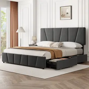 Bed Frame, Linen Quilted Upholstered Platform Bed with 2 Under-Bed Drawers & Adjustable Height Headboard - Wooden Slats Support, Easy Assembly & No Box Spring Needed - Dark Grey or Beige