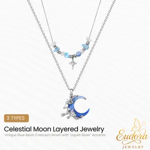 Eudora Celestial Moon Jewelry Collection for Women, Layered Star Necklace, Pendant Necklace & Dangle Earrings, Whimsical Y2K Witchy Resin Moon Jewelry
