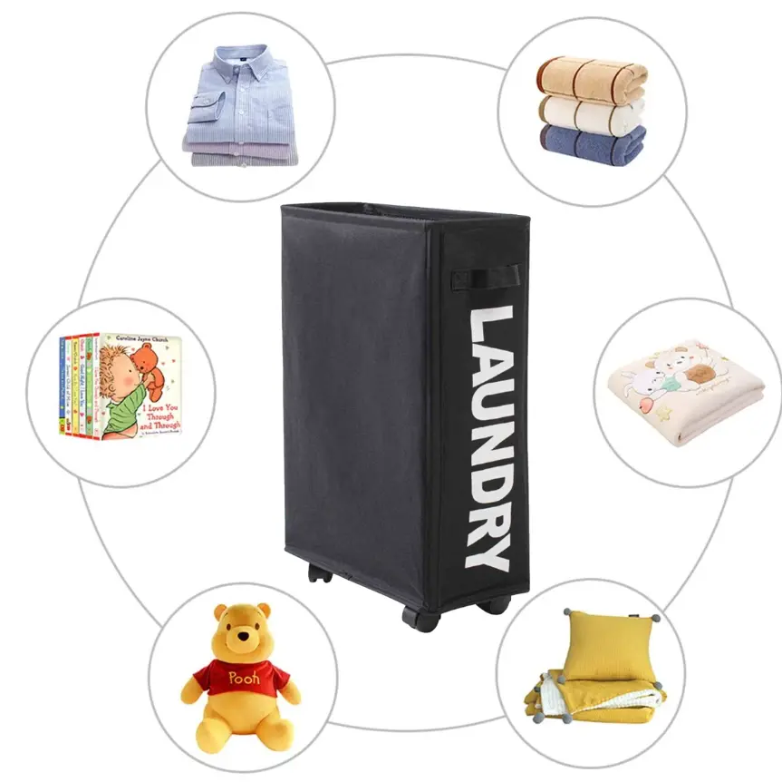 Rolling Slim Laundry Basket Hamper Collapsible with 4 Wheels Waterproof Oxford Fabric for Dorms Bathrooms Space Saving Corner Sorter Eco-Friendly 600D Fabric