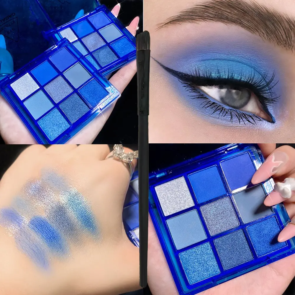 9-Color Eyeshadow Palette with Brush, Waterproof Long-Lasting, Glitter & Matte Blue Shades, Perfect for Daily Use, Parties, Beginners