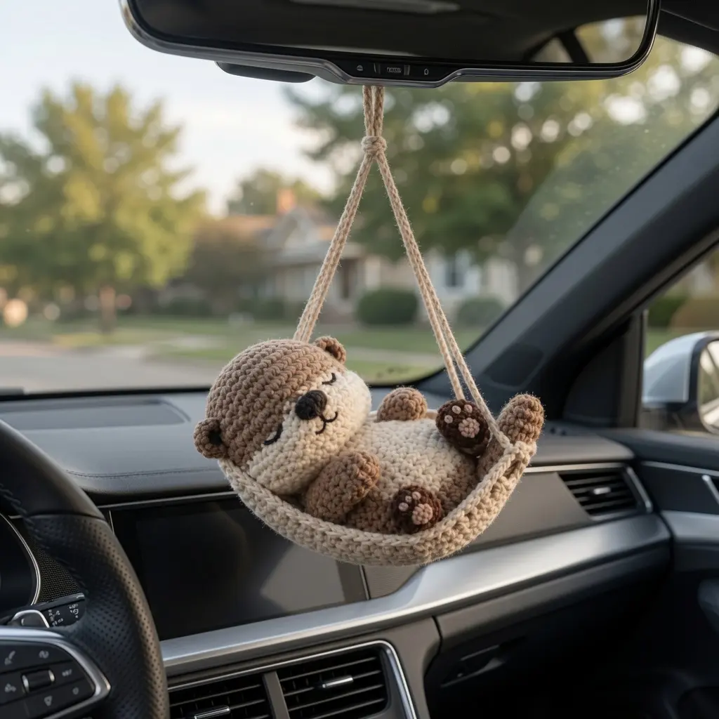 Sleeping Otter Car Hanging Crochet Plush, Handmade Rear View Mirror Charm, Cute Amigurumi Otter Ornament, Car Accessories, Animal Lover Gift