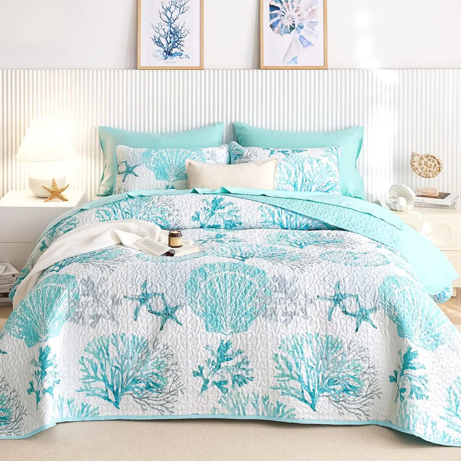 - Coastal Quilt Set, Nautical  Beach Themed Tropical Summer Patterned, Reversible Lightweight Bedspread Coverlet, 3 count, Aqua Turquoise, Kg Size