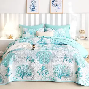 - Coastal Quilt Set, Nautical  Beach Themed Tropical Summer Patterned, Reversible Lightweight Bedspread Coverlet, 3 count, Aqua Turquoise, Kg Size