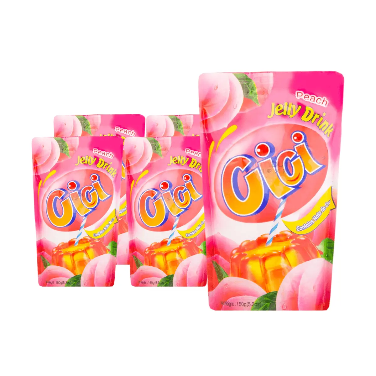 STRONGFOOD CICI Peach Jelly Drink with Coconut Jelly Bits, 5 Pack (150g Each) - Real Fruit Juice & Real Fruit Pieces