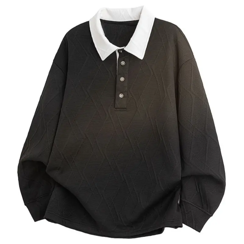 Men's Ribbed Classic Contrasting Color Lapel Jacquard Pullover - Menswear Streetwear Preppy Long-Sleeved Padded Trendy Top, Soft Comfortable Fabric, Daily Wear