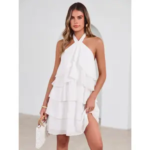 Solid Halter Neck Tiered Ruffle Mini Dress - Simplee