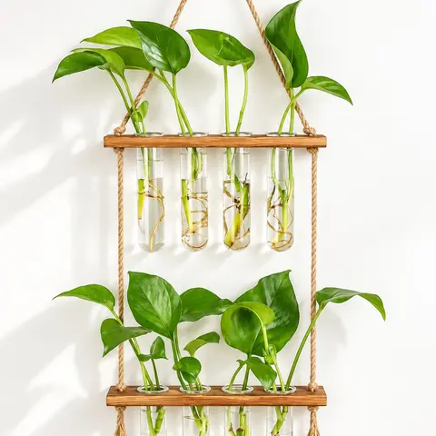 Glass & Wood 2-Tier Wall Decor Hanging Planter - Test Tube Vase Hydroponic Plant Propagation Station with Rope Hangers, Wooden Stand & 8 Tubes, Hydroponic Planters for Indoor Use, Root Visibility, Aesthetic Room Decor