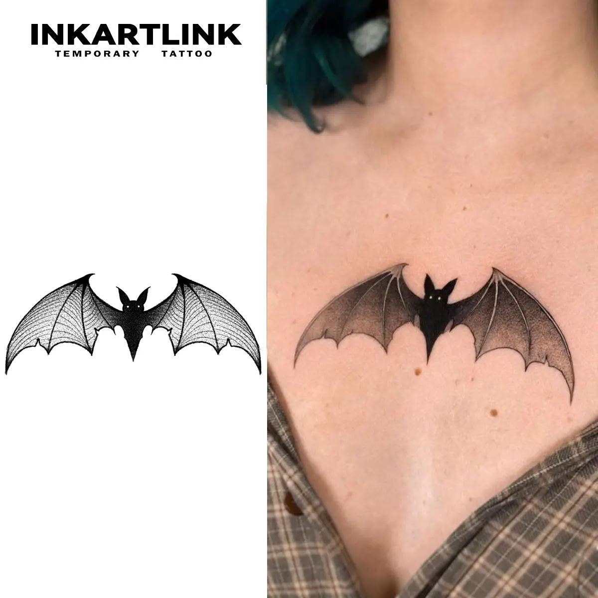INKARTLINK Realistic Temporary Tattoos - 2 Sheets Bat Tattoo Art Lasting 1-2 Weeks, Waterproof for Adults, All Skin Types