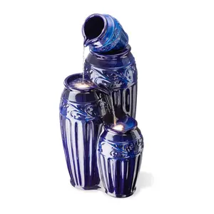 Glitzhome Spilling Urns Cobalt Blue Embossed Pattern Fountain