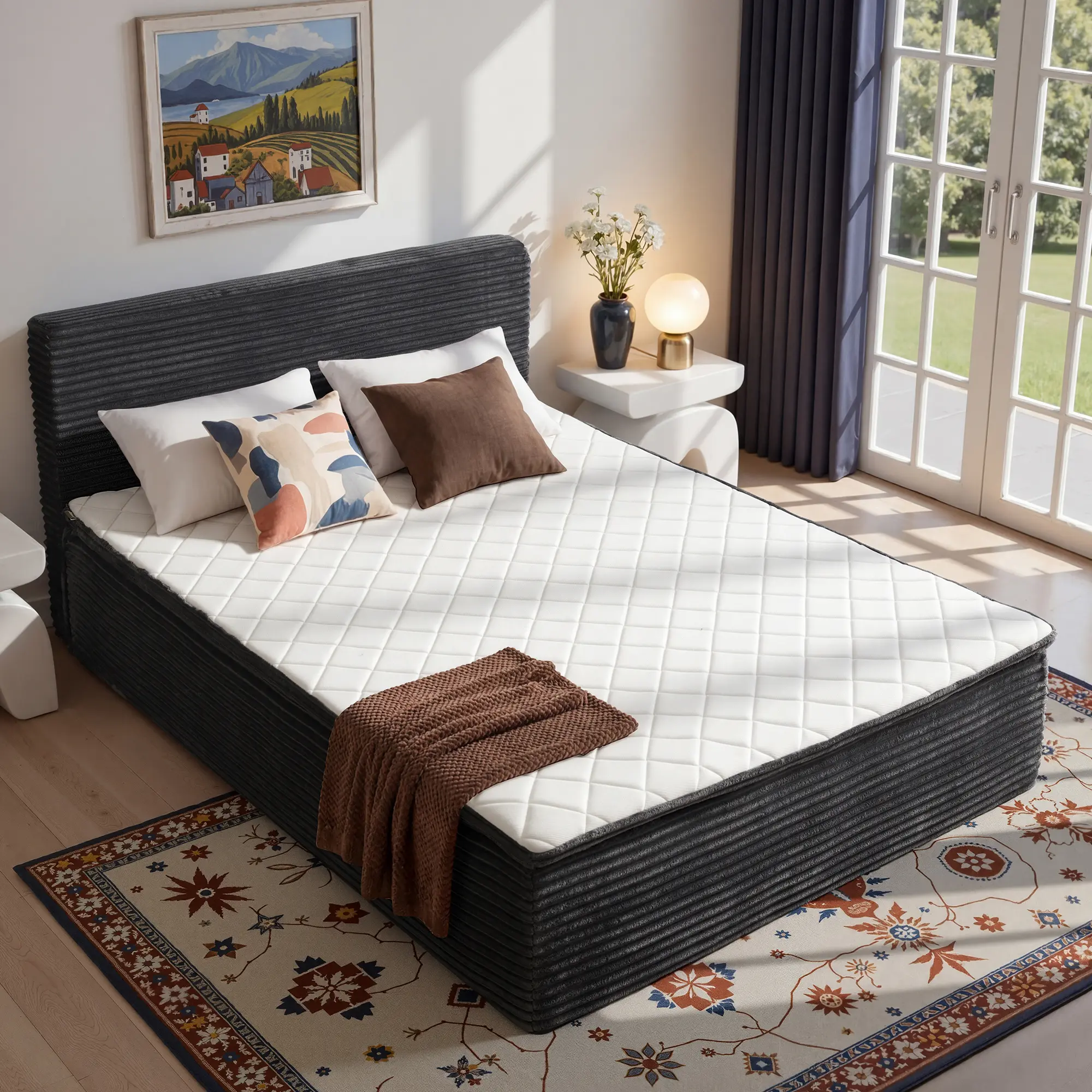ALTRIGUS Boneless Bed 2-in-1 Upholstered Platform Bed with Headboard, Modern Floor Bed Queen Full Twin,No Assembly Required,Bed in A Box Gift for RV, Bedroom,Guest Room