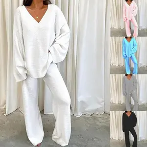 Autumn and winter knitwear women's solid color sexy V-neck casual long-sleeved pants with pockets ladies knitwear sportswear long-sleeved pullover and pants warm two-piece suit ladies sweater
