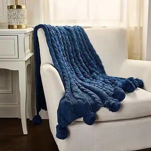 Jeffrey Banks Chunky Cable Knit Throw with Pom Pom