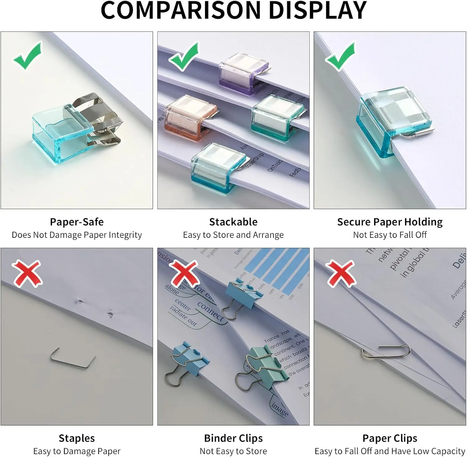 Push Paper Clips & Binder Clips, 20 Pack Medium Reusable Heavy Duty Clamps, No Damage No Marks, 50 Sheet Capacity for Office, School, Home Organization