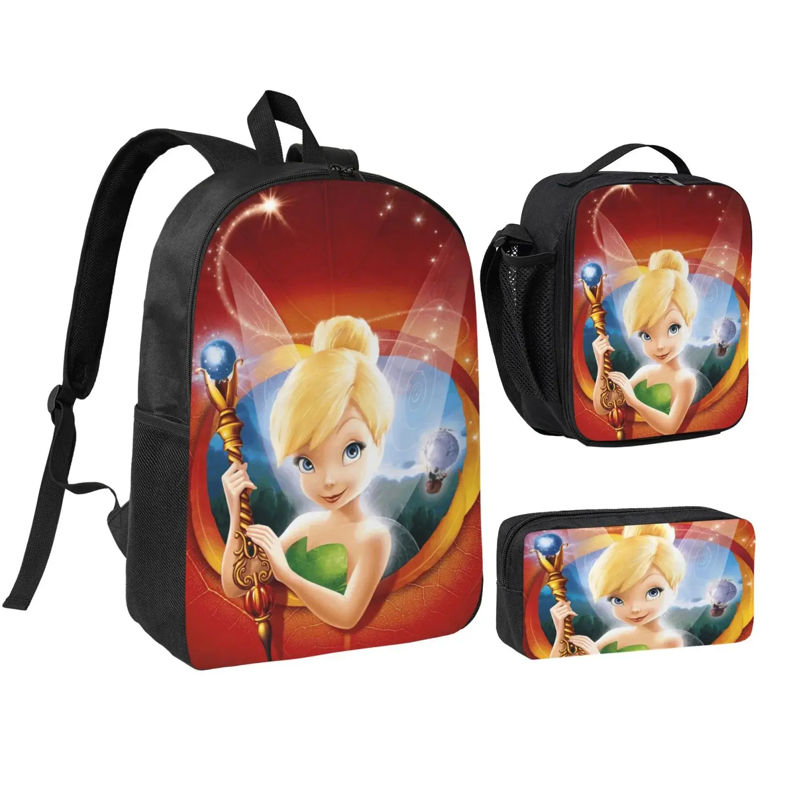 Tinker Bell 3-Piece Backpack Set: Printed Girl's Backpack + Lunch Bag + Pencil Case