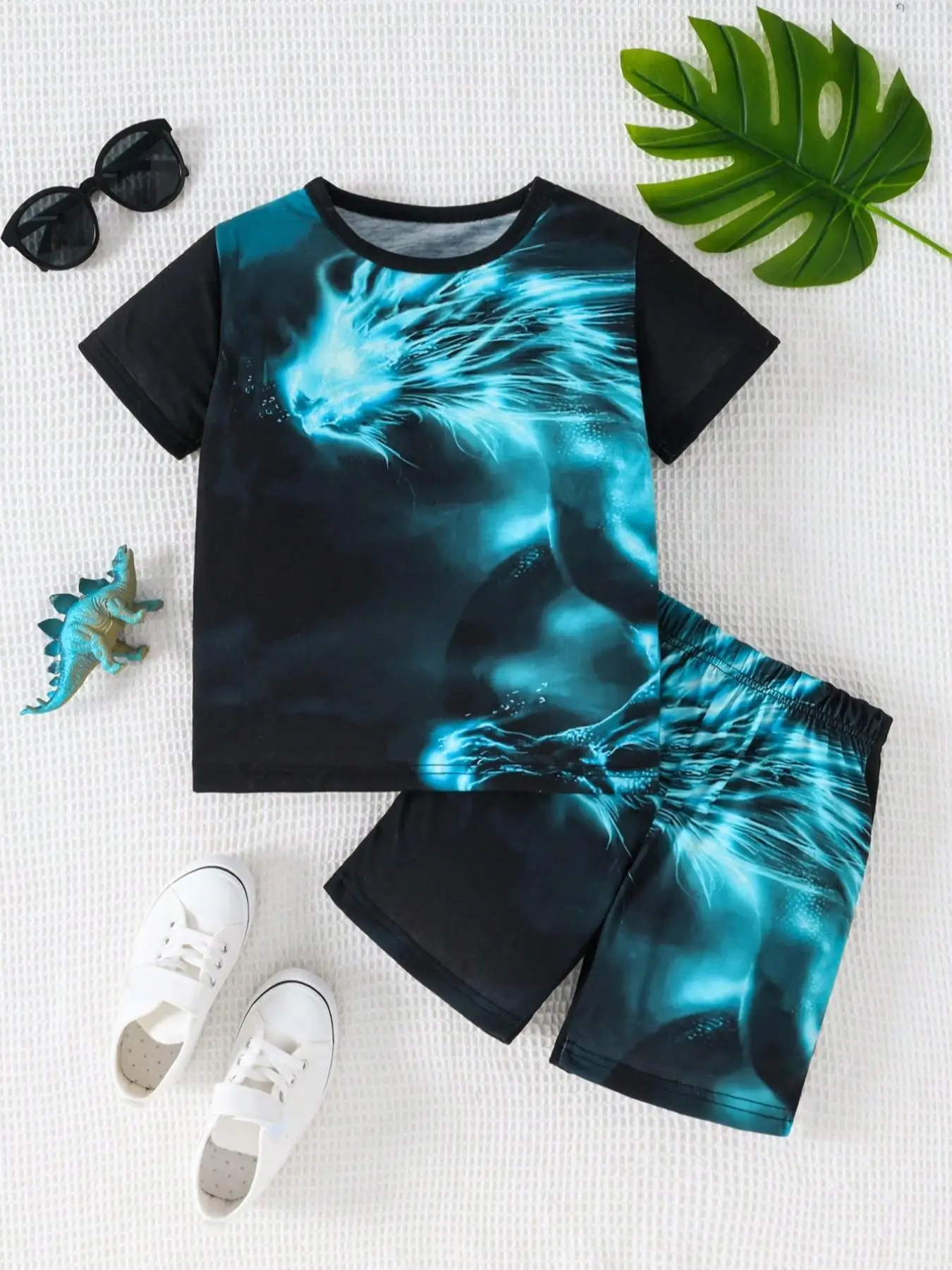 Boy's Dragon Print Short Sleeve Tee & Shorts Two-piece Set, Casual Round Neck T-shirt & Shorts, Summer Clothes for Kids Outdoor Wear, Boy Clothes