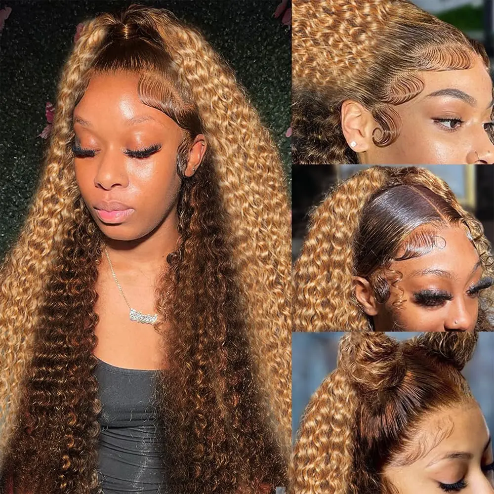 Deep Wave 360 Lace Front Wigs Human Hair Honey Blonde Human Hair Wigs for Women 4/27 Ombre Deep Wave Lace Front Wig Drawstring Wig Highlight Wig Honey Blonde Wig Curly Glueless Wigs Human Hair Pre Plucked Full lace wig