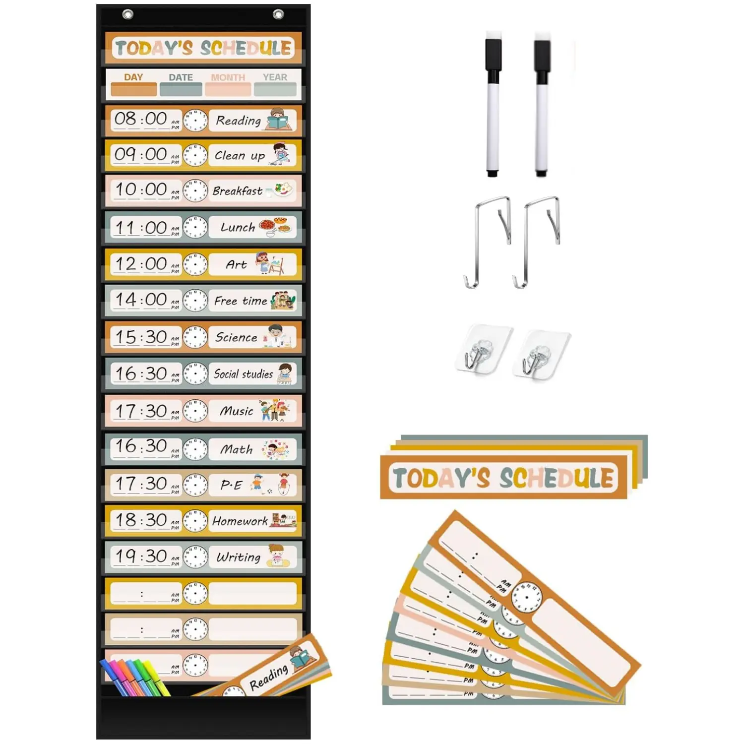 18+1 Pockets Daily Schedule Pocket Chart, 30 pcs Double-Sided Reusable Cards, Scheduling Pocket Chart for Classroom Office Home School Activity(Black)