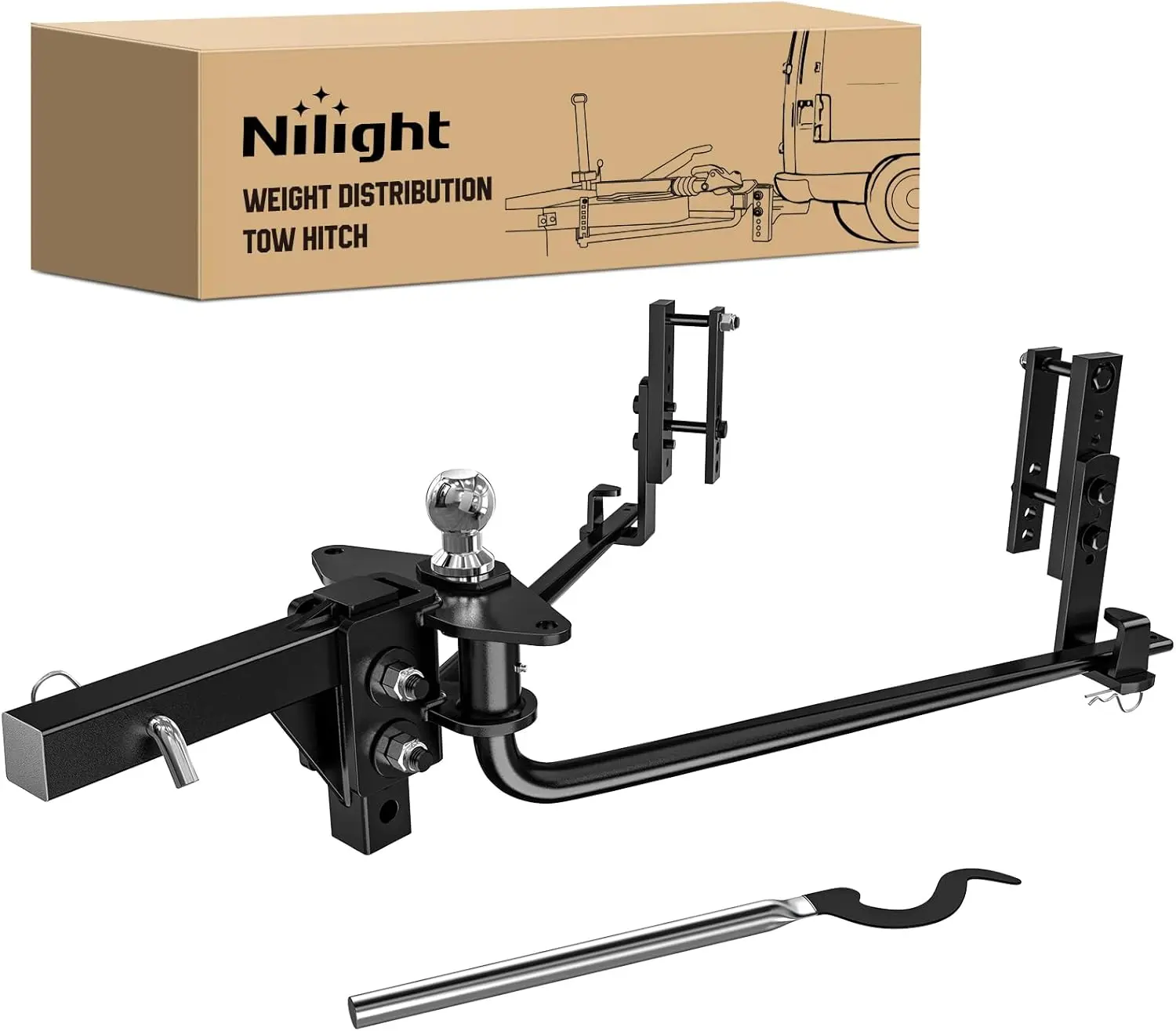 Nilight High-Strength Hardened Steel Weight Distribution Hitch Kit for Trailer Towing - 800lb Robust Capacity, 2-in Solid Shank, 2-5/16-in Steel Alloy Ball, 4-Point Swivel Control, Lateral Movement Prevention