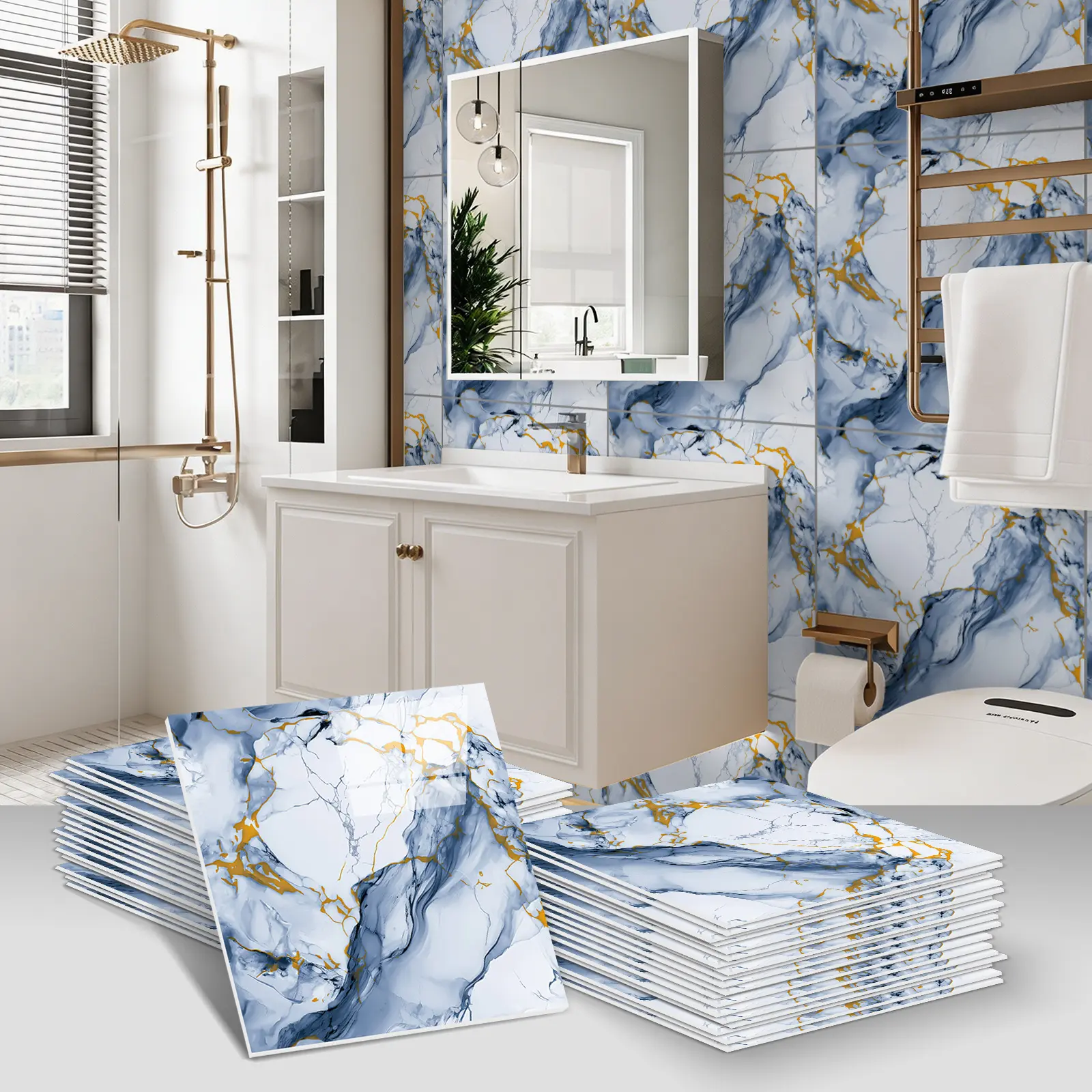 20-Piece Self-Adhesive Marble Tile Stickers, Vintage Brick Wall Decals, Waterproof PVC Home Decor, Durable Easy-Apply & Remove Floor Stickers, Ideal for Living Room, Kitchen