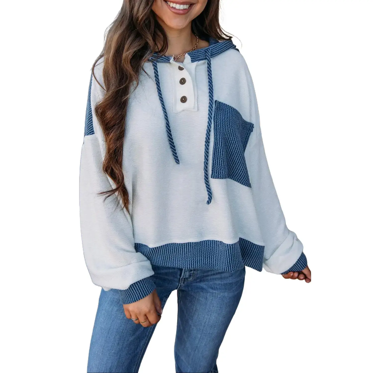 Women's Casual Plush Fabric Crewneck Hoodie - White Corded Colorblock Patch Pocket Drawstring Sweatshirt