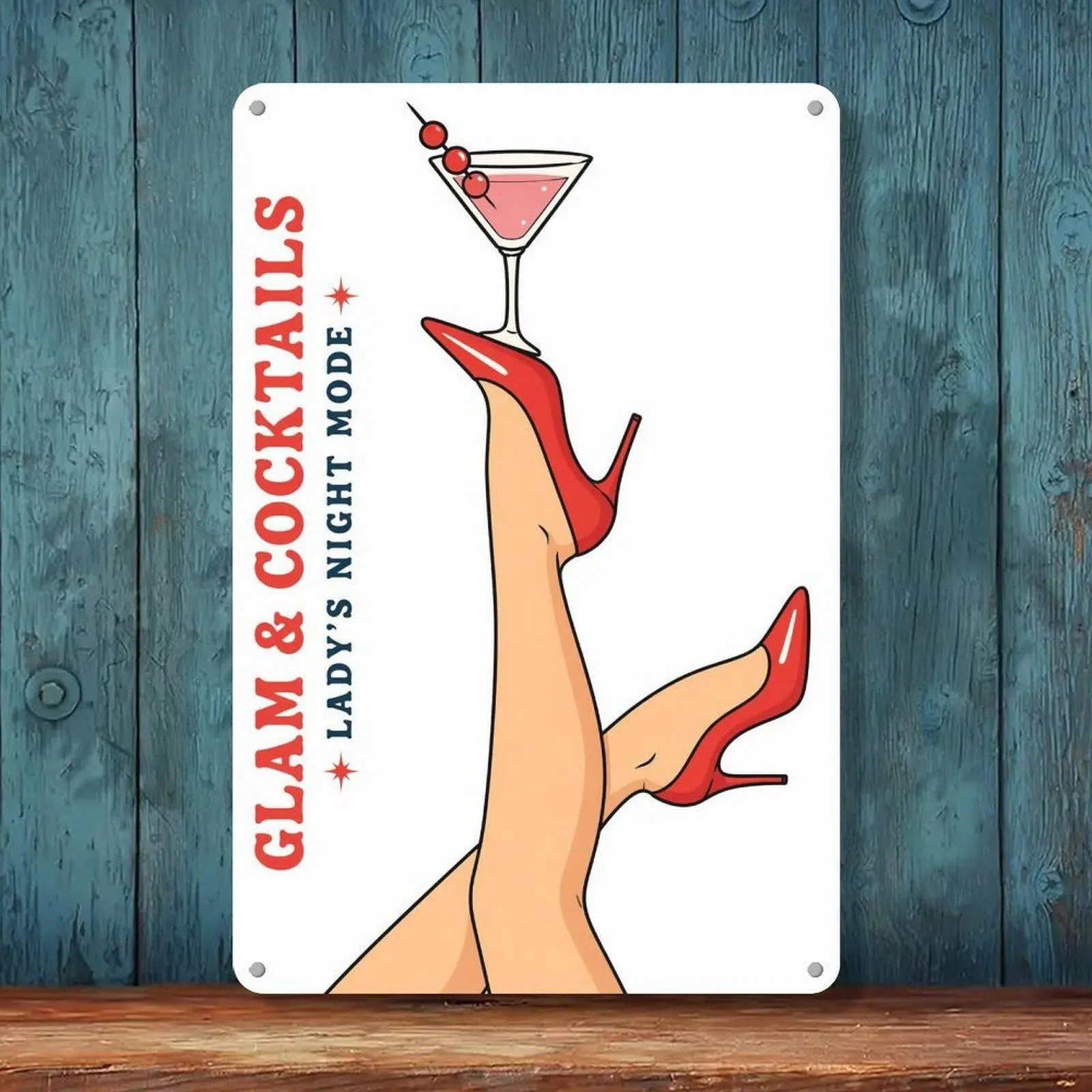 8*12in Glam & Cocktails Lady's Night Mode Red High Heels Martini Glass Retro Pop Art Metal Tin Sign, Girls Bar Salon Bedroom Fashion Party Wall Art, Party Decorations, Iron Metal, Birthday Party Decor