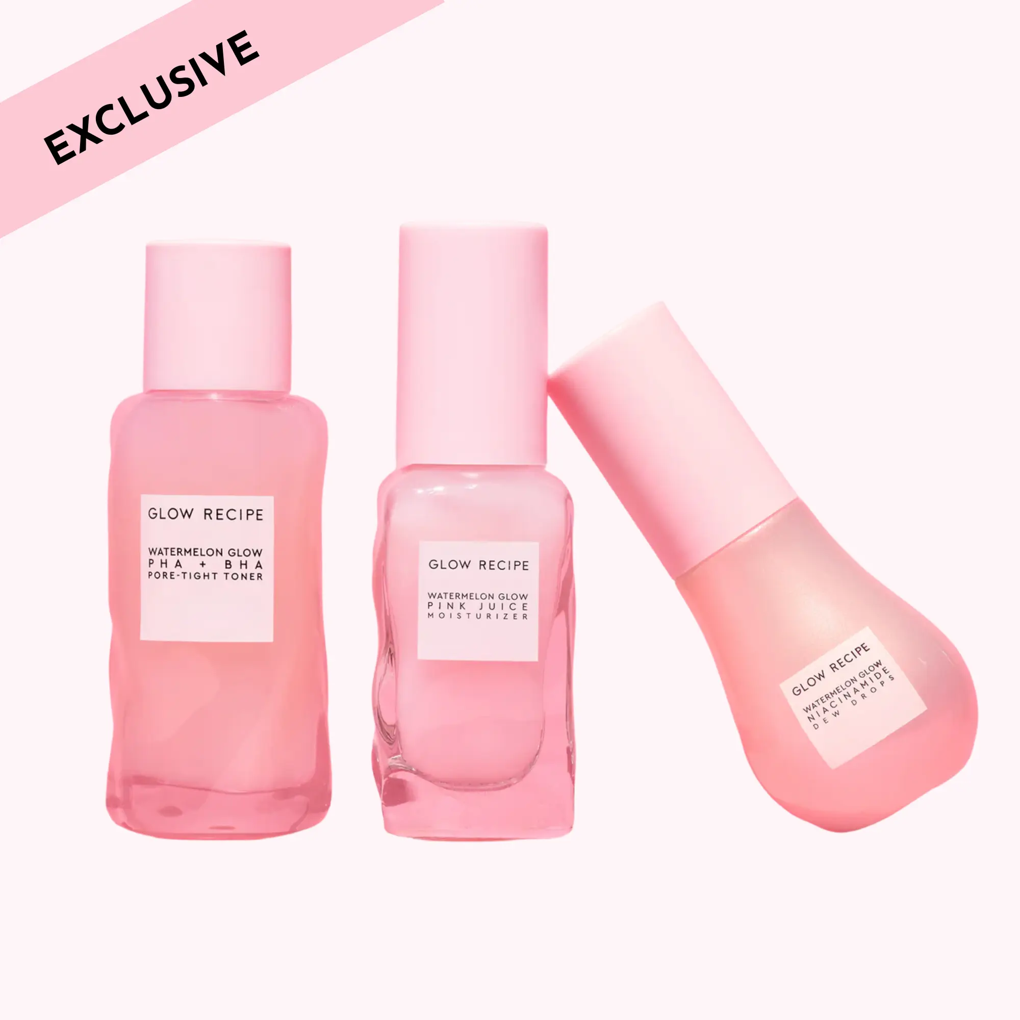 Glow Recipe Korean Real Glass Skin Skincare Kit - Vegan Gentle Adult Selfcare Set with Watermelon PHA+BHA Pore-Tight Toner, Niacinamide Dew Drops, Pink Juice Oil-Free Moisturizer, Radiant Beauty Products for Hydrate, Moisture & Glow Up