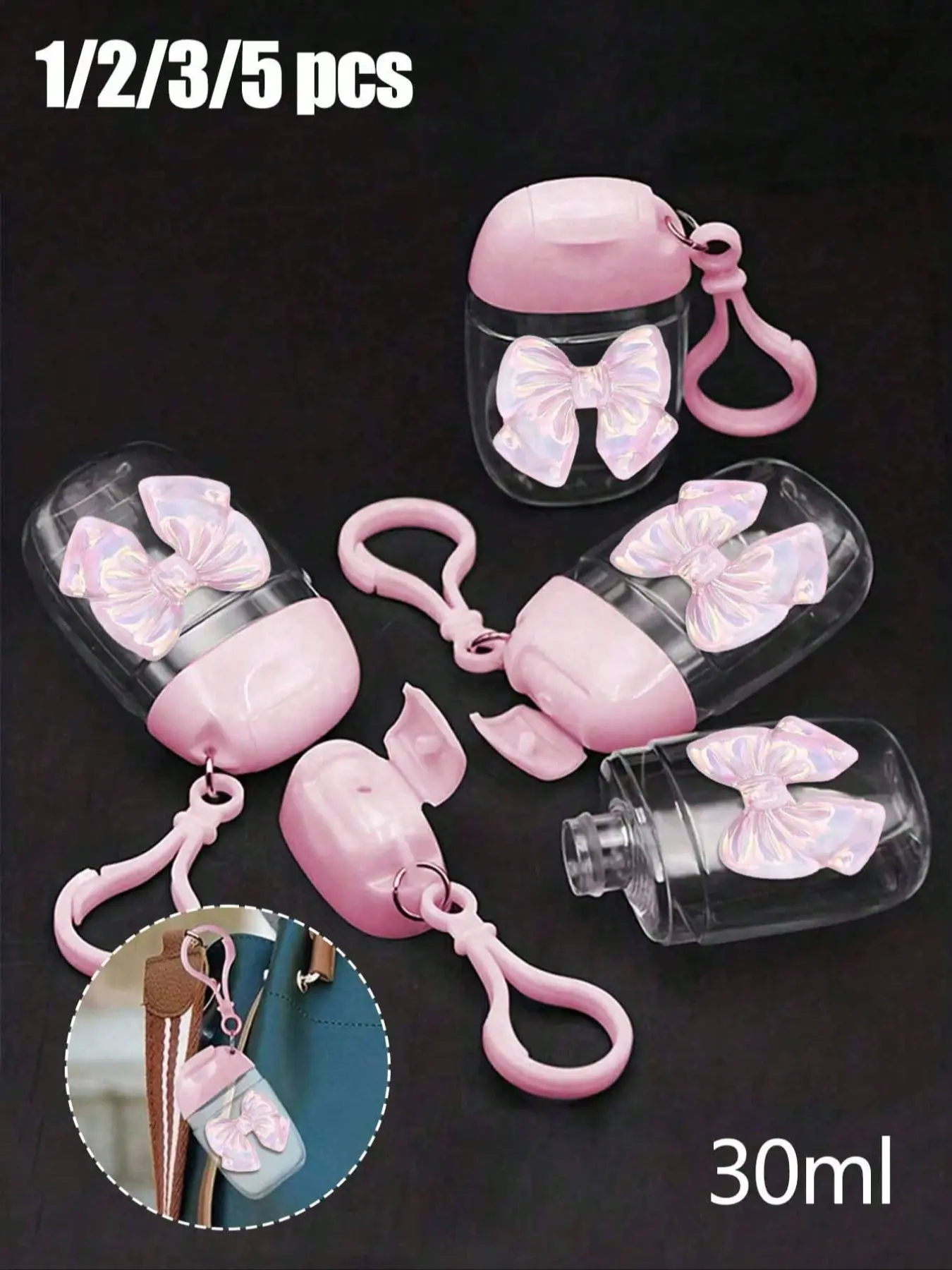 Pink Clear Hand Sanitizer Bottle With Bow, 30ml, Refillable Design, Travel, Holder Hook Keychain, Pink Flip Cap, Lid Reusable Portable Bottle Refillable, Cosmetic Container, Lotion Bottles, Suitable For Liquid Lotion Cream, Travel Essentials