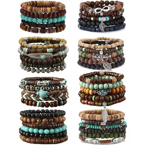 43Pcs Punk Wooden Beads Bracelets Gothic Bracelet for Men Adjustable Vintage Beaded Bracelet Metal Set Wood Bangles Wristbands Commemorative Gift